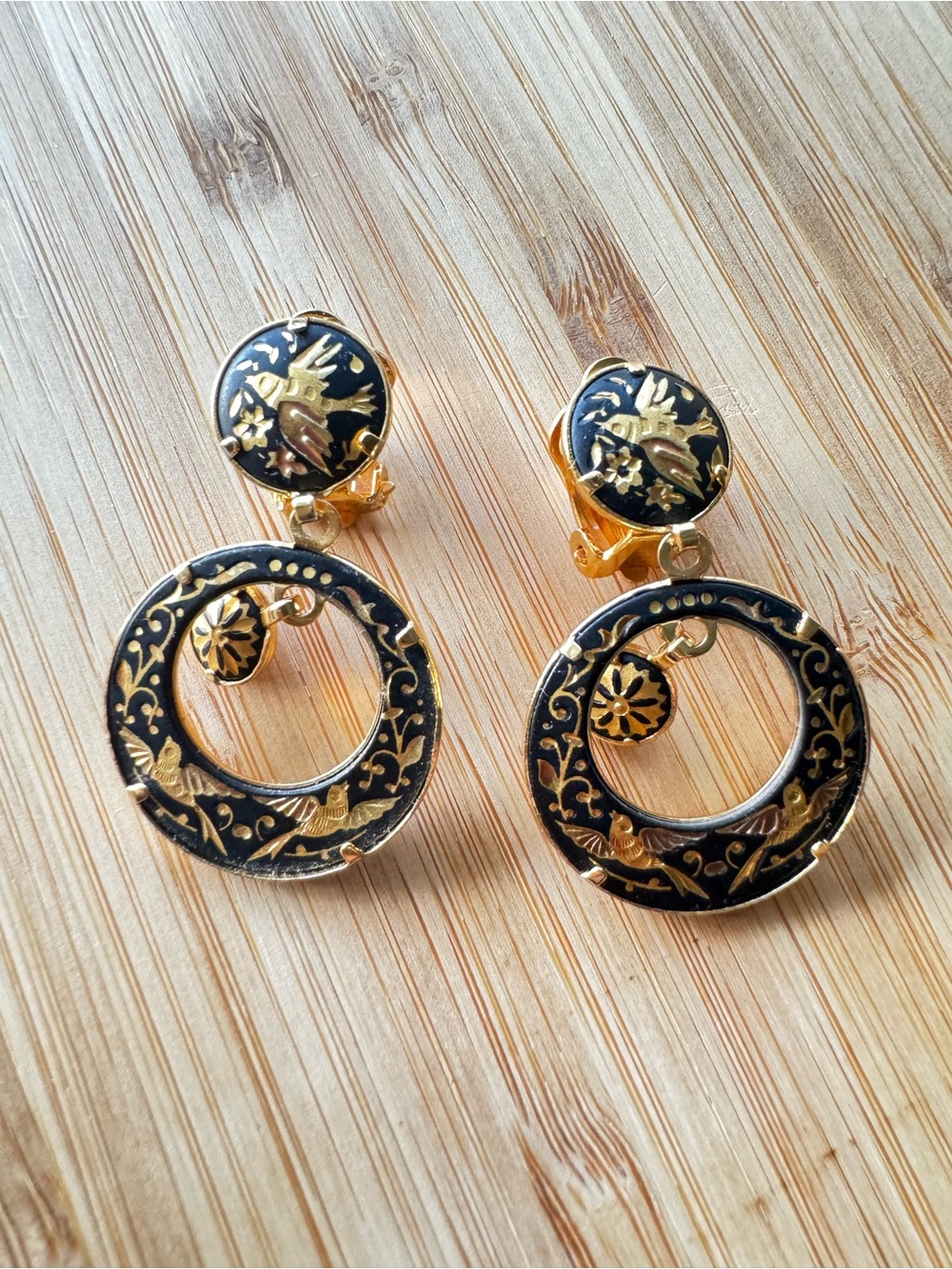 Vintage Damascene Gold & Black Floral Hoop Clip-On Spain Earrings